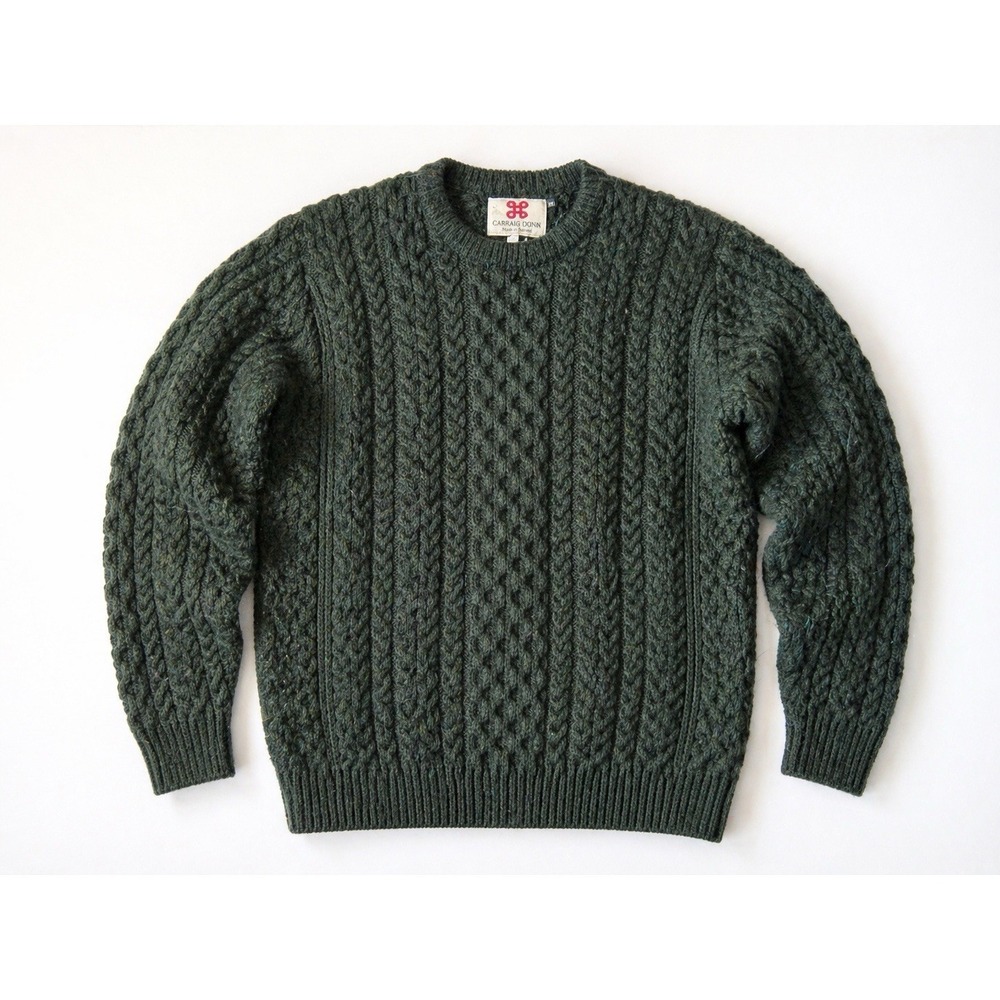 Carraig Donn Irish Wool Sweater Aran Cable Knit Green Made In Ireland